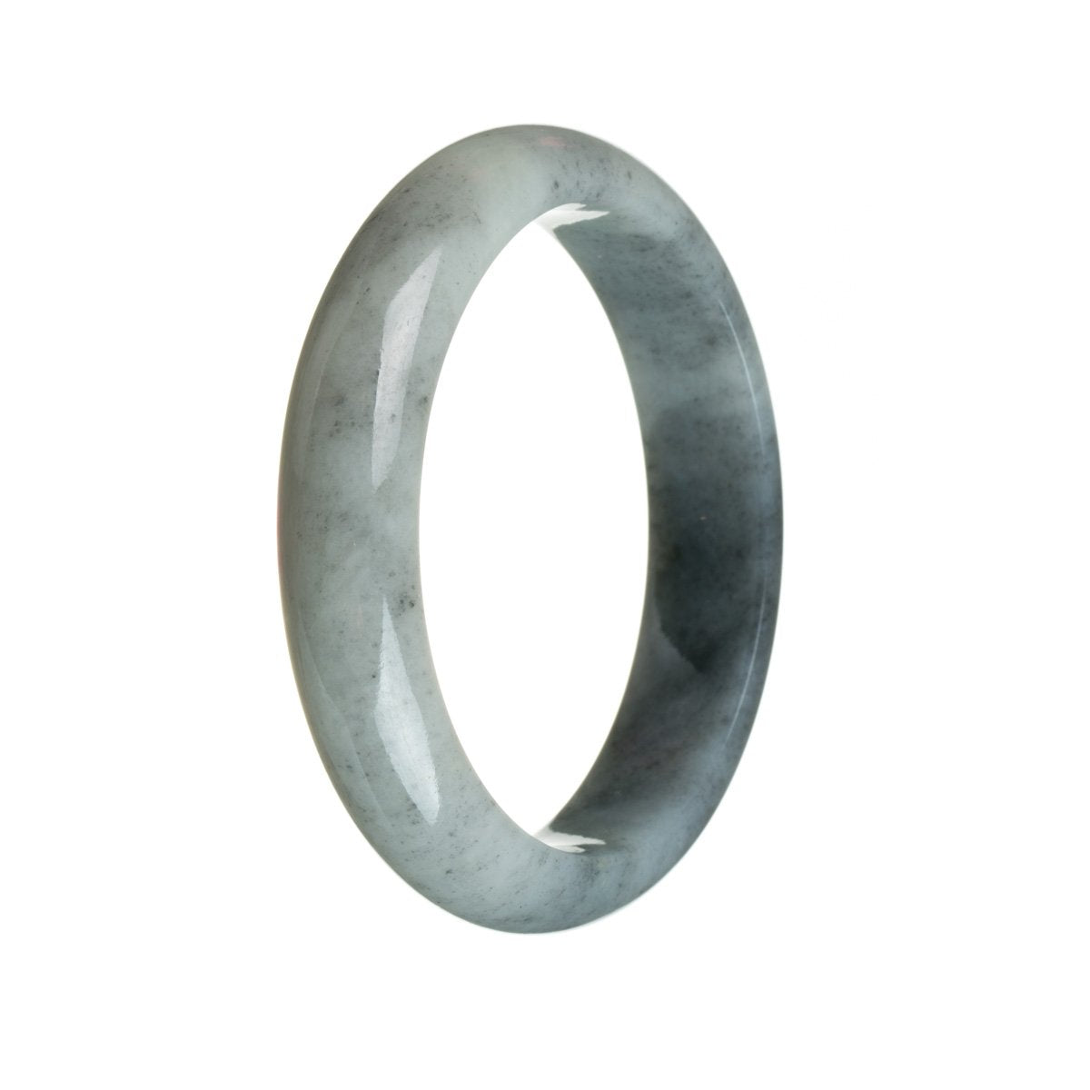 A beautiful greyish white and black Burma Jade bangle bracelet with a half moon design, certified Grade A quality. Created by MAYS GEMS.