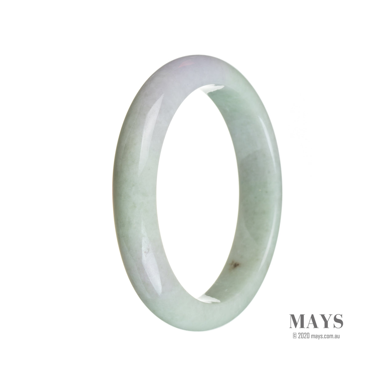 A bracelet made of high-quality, semi-round Burma Jade beads in a stunning green color with hints of lavender. Measures 58mm in diameter. Perfect for adding a touch of natural beauty to any outfit.