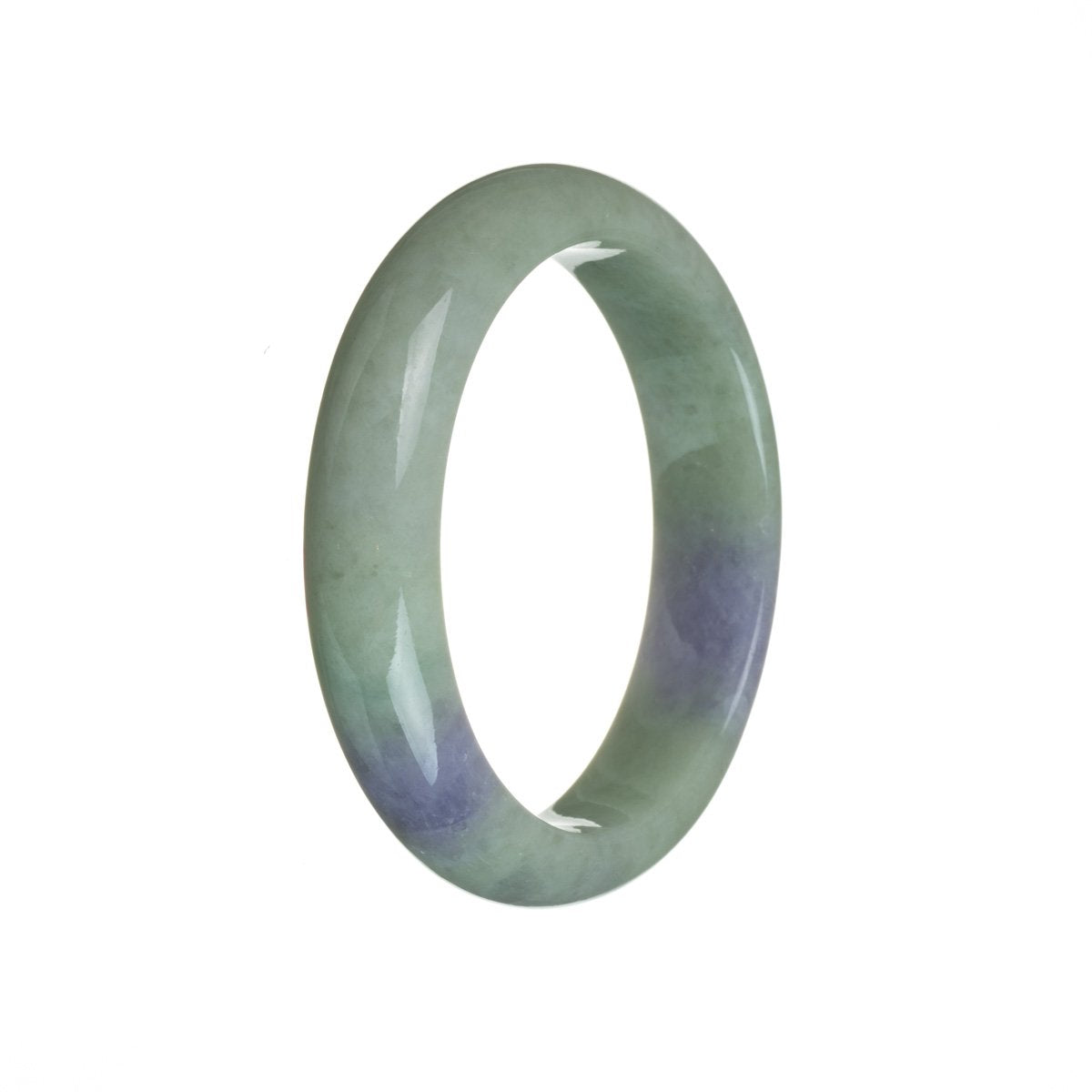 A close-up photo of a beautiful bracelet made of genuine Type A green jade with lavender undertones. The bracelet is semi-round, with a smooth and polished surface. The jade beads are 57mm in size and are strung together to create a stunning piece of jewelry. The brand name "MAYS" is inscribed on a small tag attached to the bracelet.