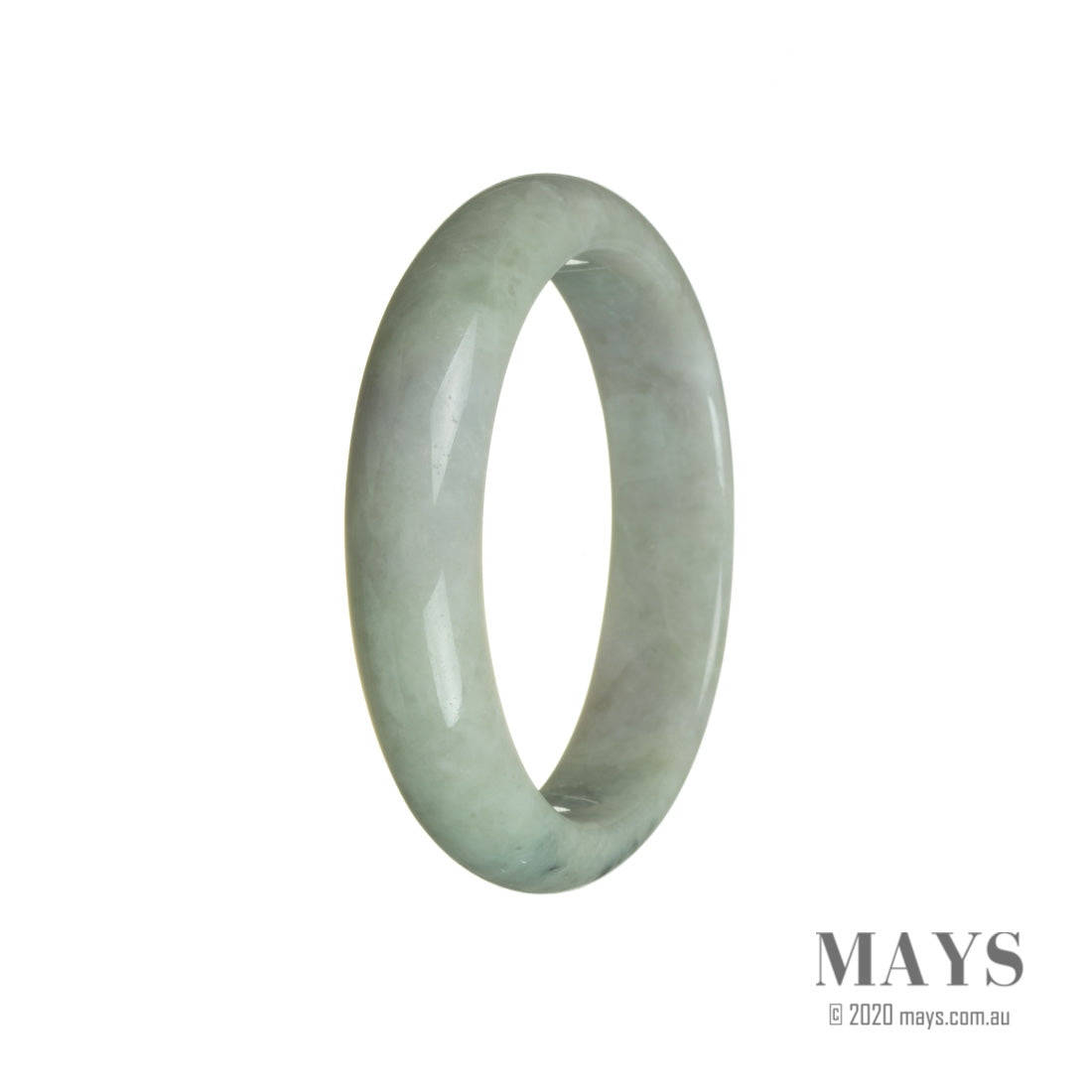 A close-up of a half moon-shaped jade bangle bracelet in vibrant green with hints of lavender, crafted with authentic Grade A jade from Burma.