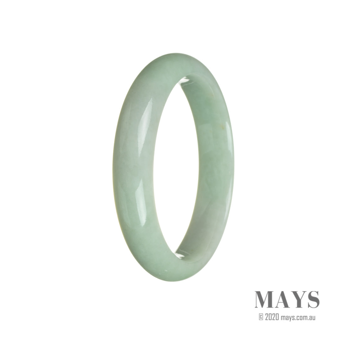 A close-up image of a beautiful green and white jade bangle bracelet. The bracelet is made of high-quality Grade A Burma Jade and features a half-moon shape. The intricate patterns and vibrant colors of the jade make this bracelet a stunning accessory.