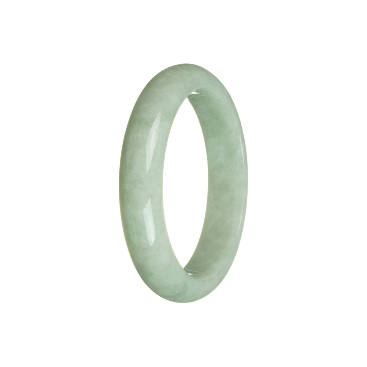A close-up photo of a beautiful green jade bangle with a smooth, polished surface. The bangle has a half-moon shape and measures 57mm in diameter. It is made from certified Grade A green jadeite jade, known for its vibrant color and high quality. A luxurious piece of jewelry from MAYS GEMS.