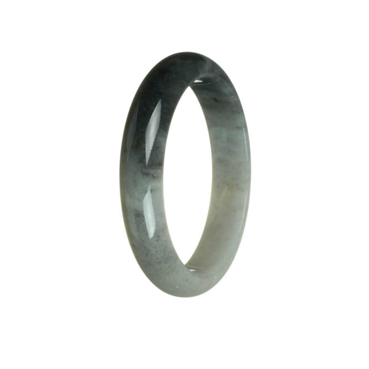 A close-up image of a half moon-shaped jade bangle bracelet with a white and grey color pattern, certified as Grade A quality. The bracelet is a traditional style and measures 58mm in diameter. The brand name "MAYS™" is featured.