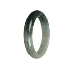 A close-up image of a half moon-shaped jade bangle bracelet with a white and grey color pattern, certified as Grade A quality. The bracelet is a traditional style and measures 58mm in diameter. The brand name "MAYS™" is featured.