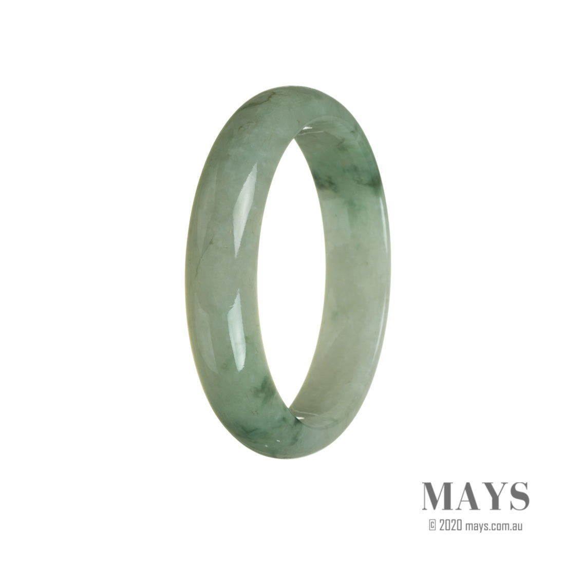 A beautiful grade A green Burmese jade bangle with a half moon shape, measuring 59mm in size.