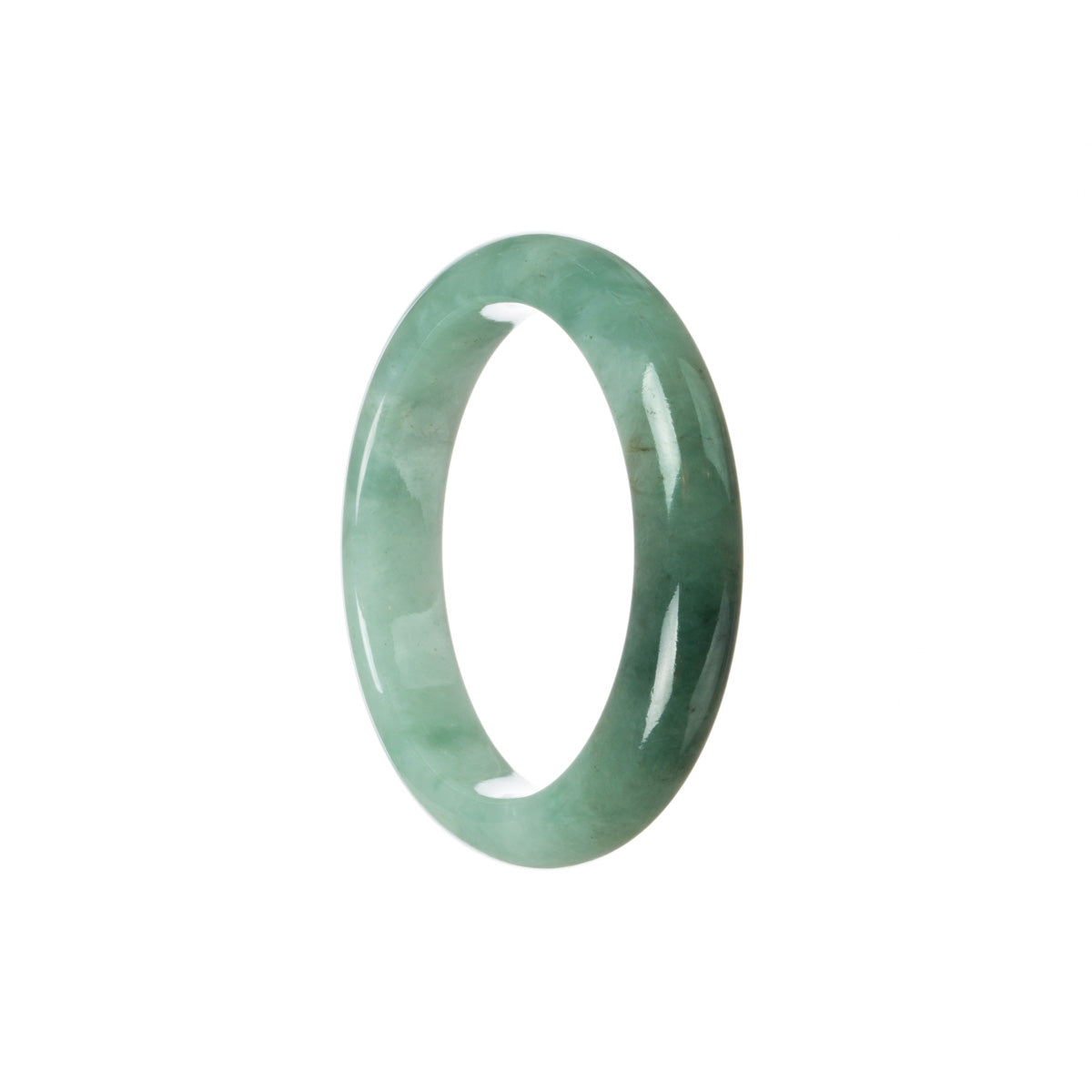 A close-up image of a Real Grade A Bluish green Jadeite Jade Bracelet. The bracelet features a half-moon shape and measures approximately 51mm. Designed by MAYS™.