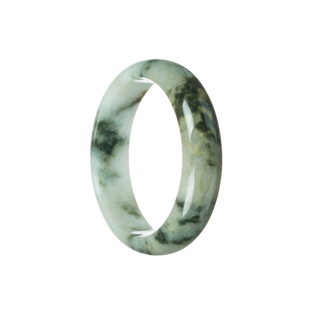 Close-up of a white jade bangle bracelet with green floral patterns, showcasing its intricate design.