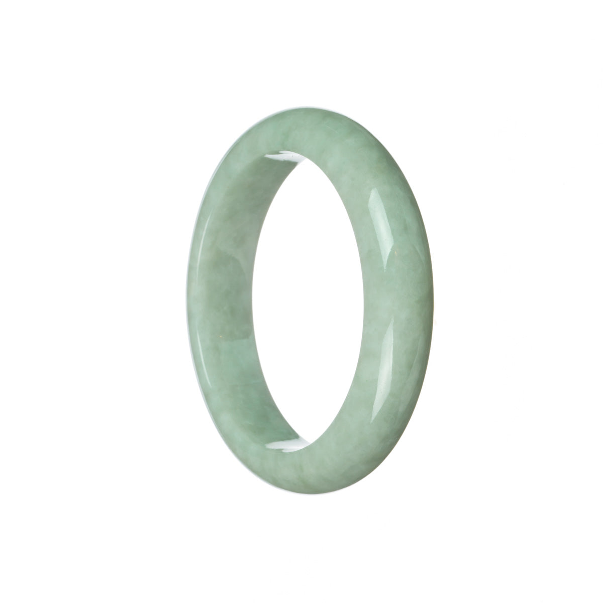 A light green Burmese jade bangle with a half-moon shape, measuring 55mm.
