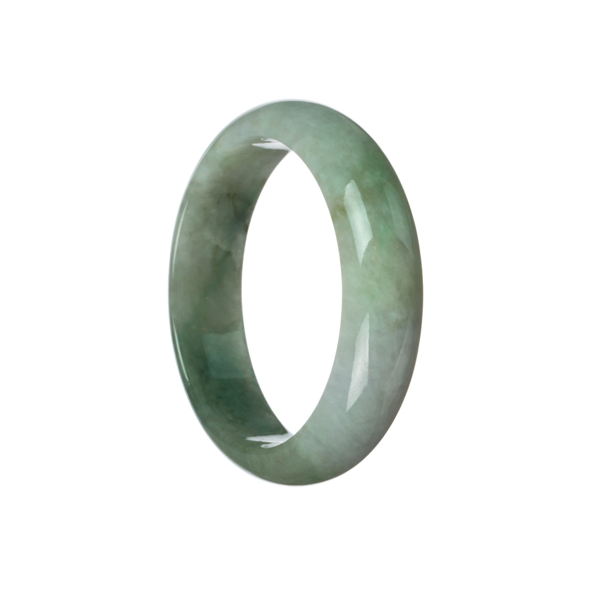 A half-moon shaped green and lavender Burma Jade bangle bracelet with a shiny surface. A beautiful and unique half-moon shaped jade bangle bracelet with shades of green and lavender, showcasing its high-quality grade A Burma Jade.