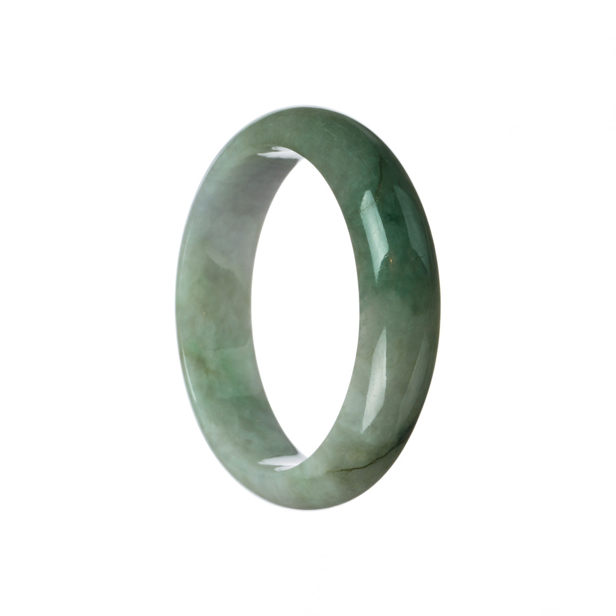 A close-up photo of a half-moon shaped bangle bracelet made of genuine untreated green with lavender Burma jade. The bracelet measures 59mm in diameter. It features a smooth and polished surface, showcasing the beautiful natural colors and patterns of the jade stone.