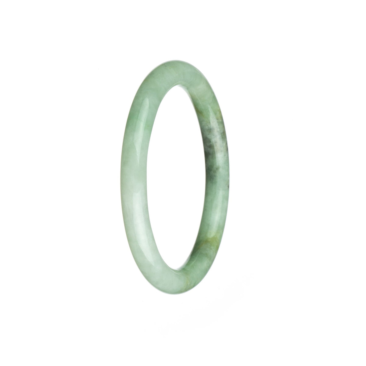 A close-up image of a light green jade bracelet with a subtle pattern, showcasing its petite round shape.