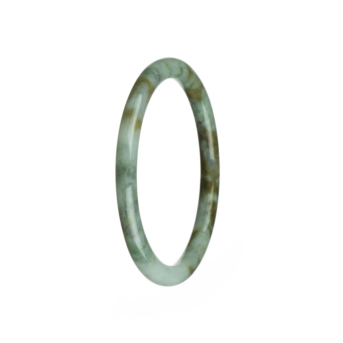 A close-up image of a small round jade bangle with a white base color and brown patterns. This traditional accessory is made of high-quality Grade A jade.