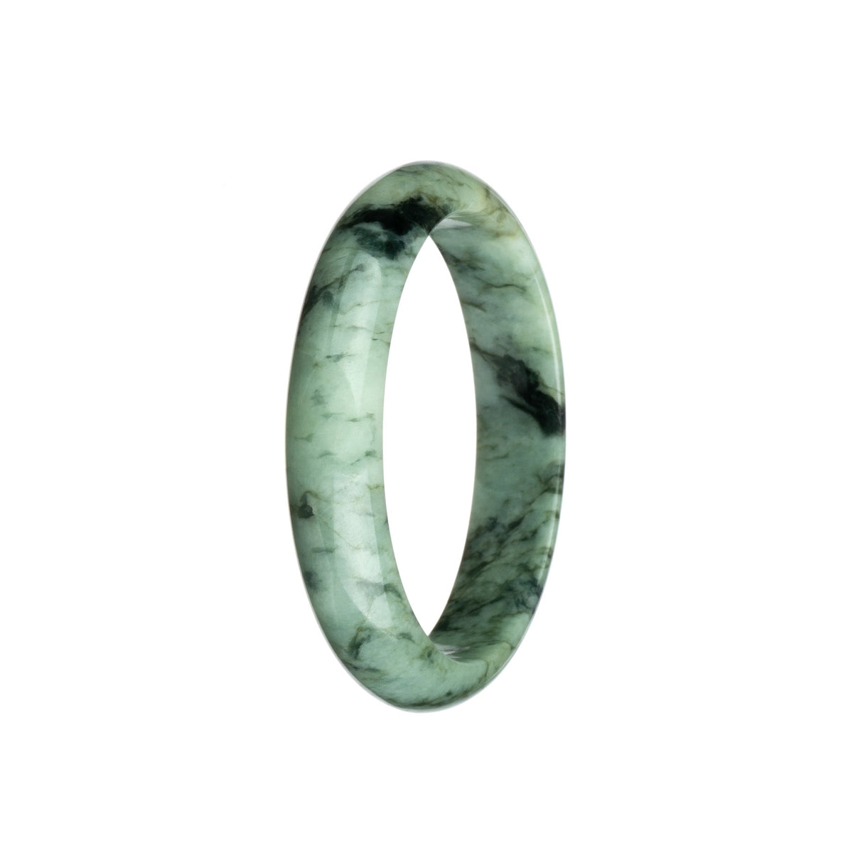 A close-up photo of a pale green and black patterned jade bangle bracelet. The bracelet is made of authentic Grade A jade and has a traditional half moon shape, measuring 59mm in diameter. The intricate pattern and vibrant colors make this bracelet a unique and stylish accessory.