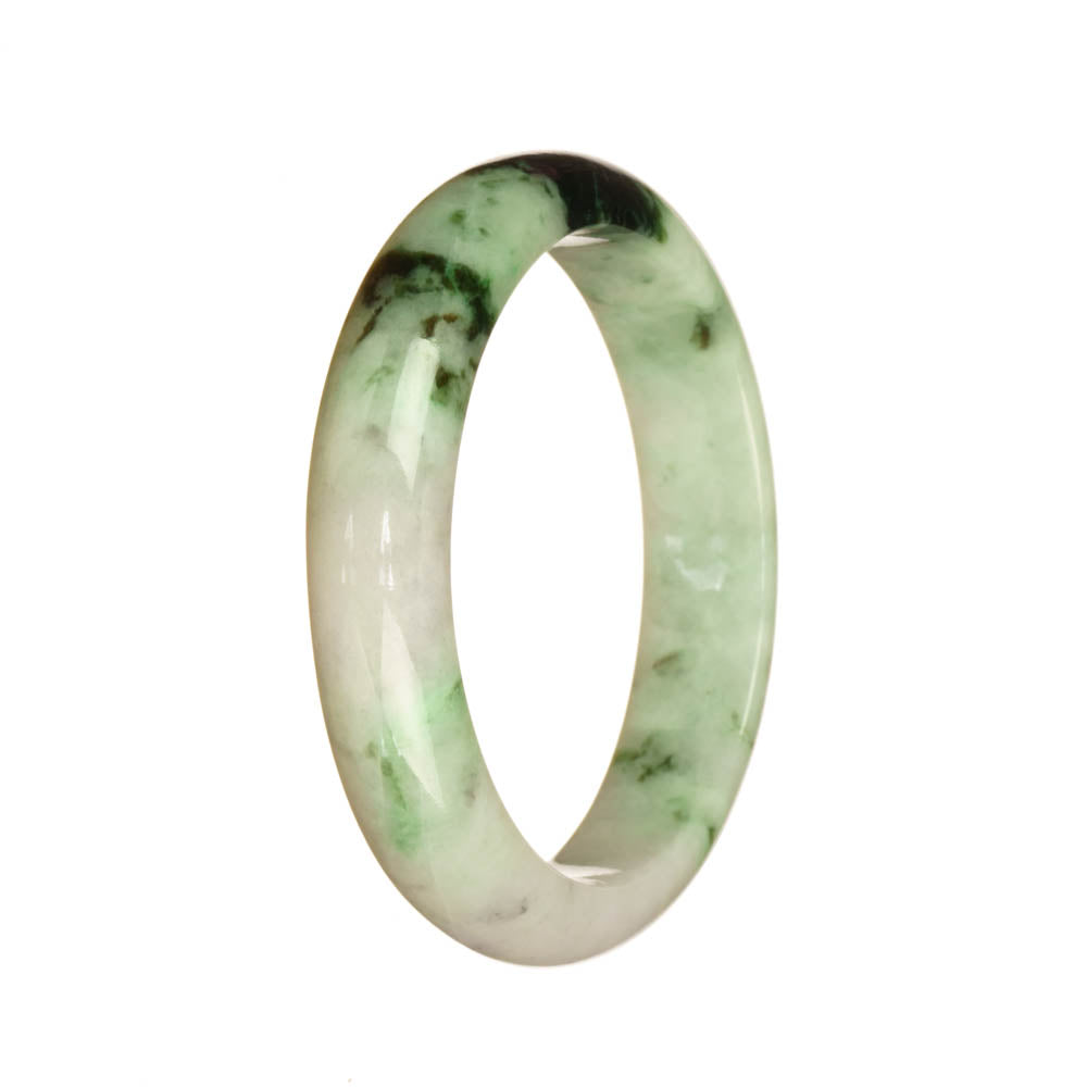 A close-up image of a genuine Type A Burmese Jade bangle. The bangle features a beautiful white and green pattern, and has a 54mm diameter in the shape of a half moon. This high-quality piece is from the MAYS™ collection.