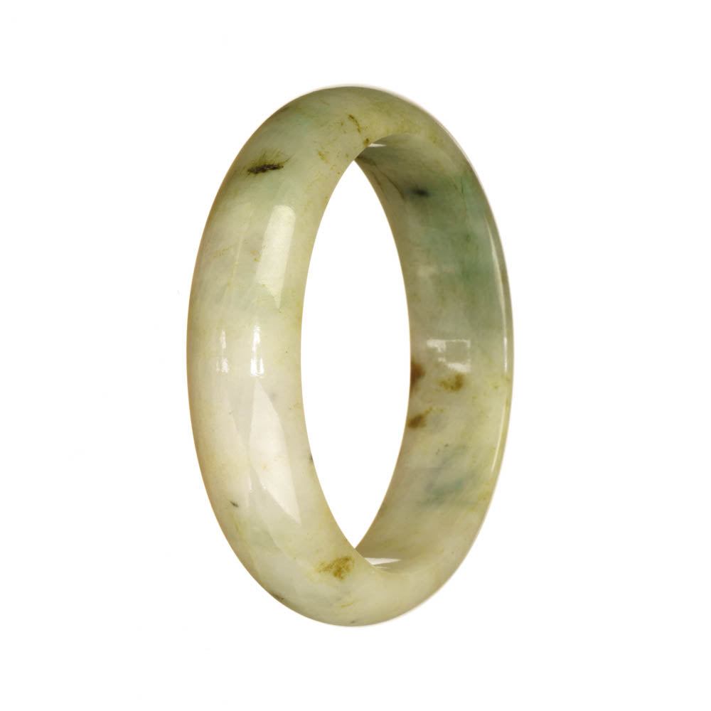 A beautiful half moon shaped Burma Jade bangle with an authentic natural white color and green pattern. Perfect for adding an elegant touch to any outfit.