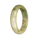 A beautiful half moon shaped Burma Jade bangle with an authentic natural white color and green pattern. Perfect for adding an elegant touch to any outfit.