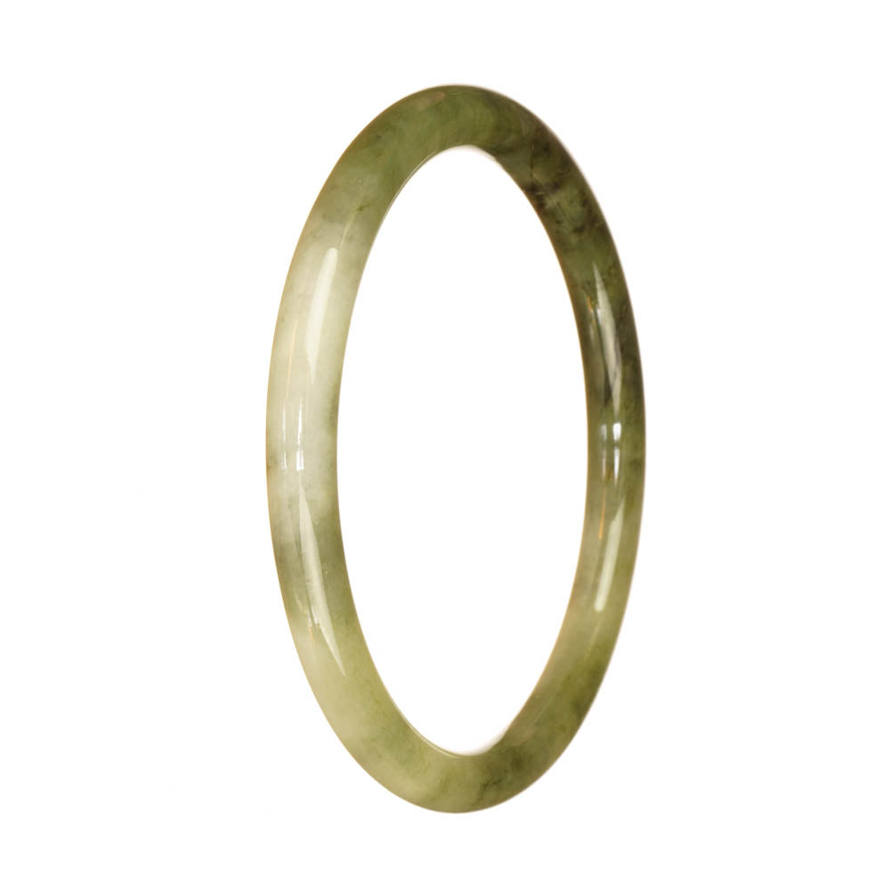 Close-up image of a petite, round jadeite bangle with a vibrant green pattern. The bangle is made from genuine grade A jadeite and measures 61mm in diameter. A high-quality accessory from MAYS™.