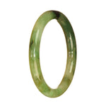 A close-up photo of a small, round, genuine Grade A green Burma Jade bangle bracelet. The bracelet has an intricate pattern and is in a petite size of 59mm. It is sold by MAYS.