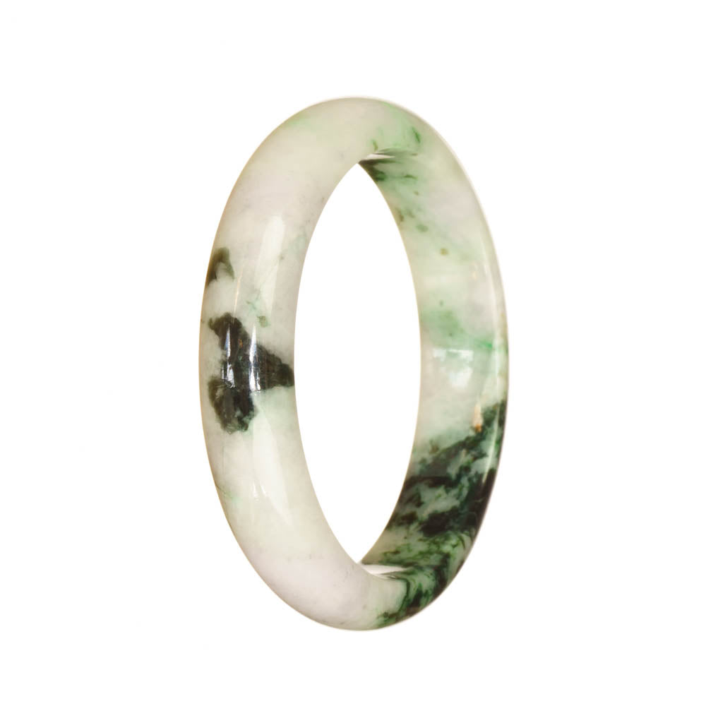 Close-up photo of a white jadeite bracelet with a deep green pattern in a half-moon shape.
