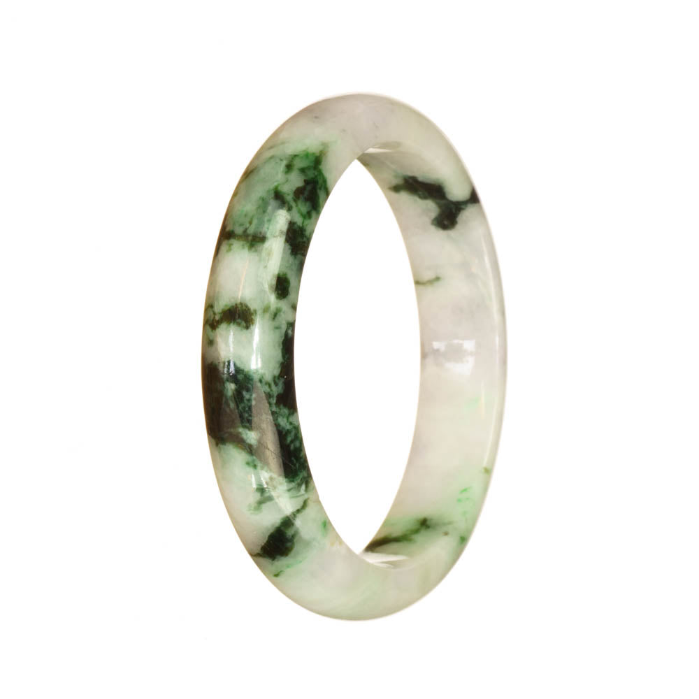 Genuine Grade A White with Deep Green Pattern Jadeite Bracelet - 54mm Half Moon