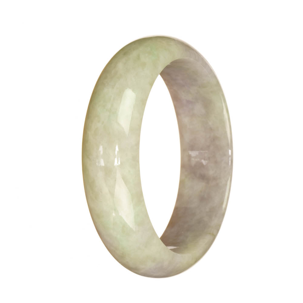 A beautiful light green and lavender jade bangle bracelet in a half moon shape, with a diameter of 62mm. It is a genuine Type A jade accessory from MAYS.