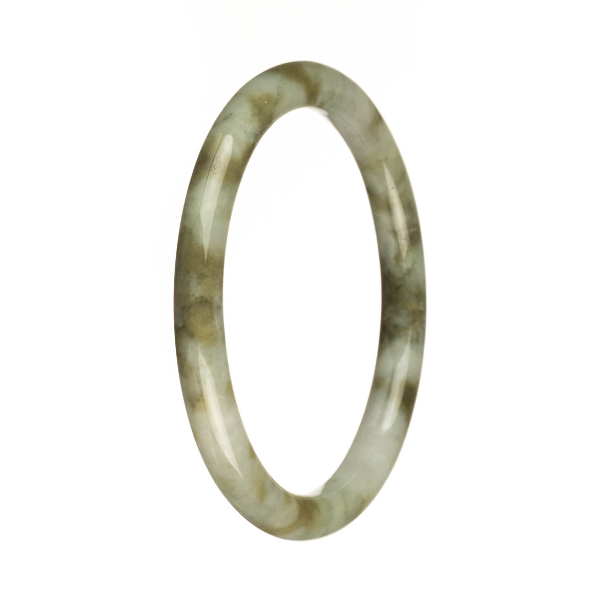 Genuine Type A Grey with Olive Green Pattern Jadeite Bangle Bracelet - 61mm Petite Round