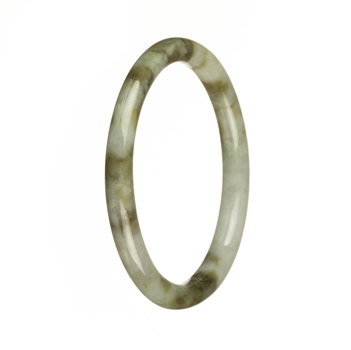 A beautiful and authentic Type A Grey Jadeite Bangle Bracelet with an Olive Green Pattern, measuring 61mm in a petite round shape. Sold by MAYS.