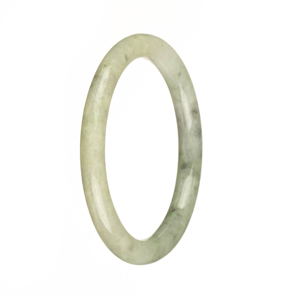 A half moon-shaped bangle made of untreated pale green Burma jade with a dark green pattern.