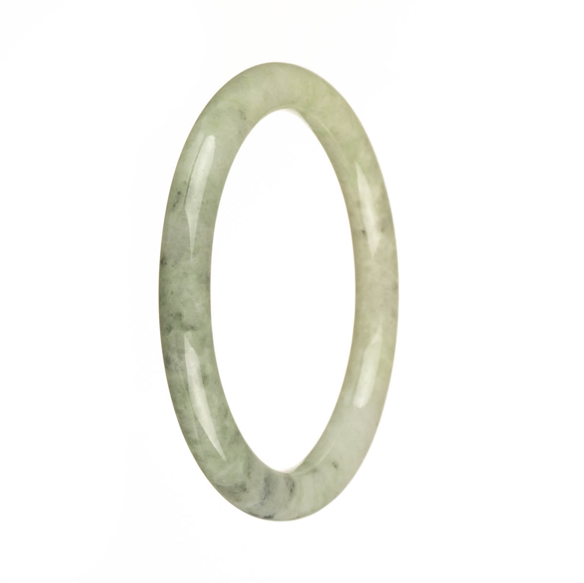 A pale green jadeite jade bangle with a dark green pattern, certified Grade A. The bangle has a half moon shape and measures 59mm in diameter. Sold by MAYS.