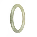 A pale green jadeite jade bangle with a dark green pattern, certified Grade A. The bangle has a half moon shape and measures 59mm in diameter. Sold by MAYS.
