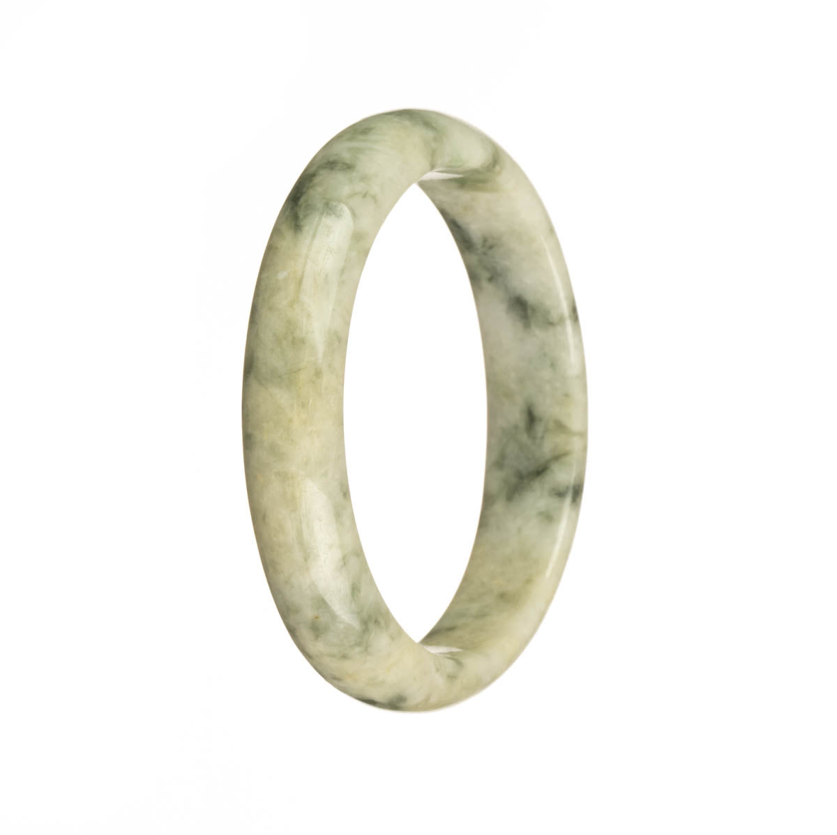 Real Grade A White with Dark Green Patterns Burma Jade Bangle - 56mm Half Moon