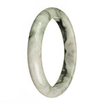 A stunning jadeite jade bangle with green and white coloration, featuring dark green patterns and apple green spots. The bangle is crafted in a semi-round shape, measuring 67mm in diameter. Perfect for adding a touch of elegance to any outfit.