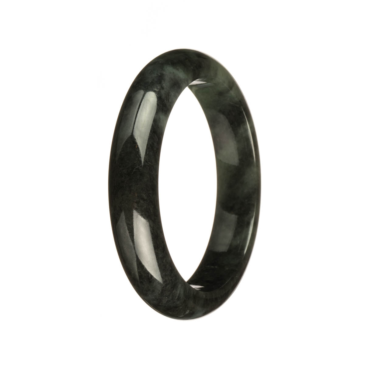 A close-up image of a Certified Type A Black Jade Bangle with a 55mm diameter in a half moon shape. The bangle is made of high-quality black jade and is sold by MAYS.