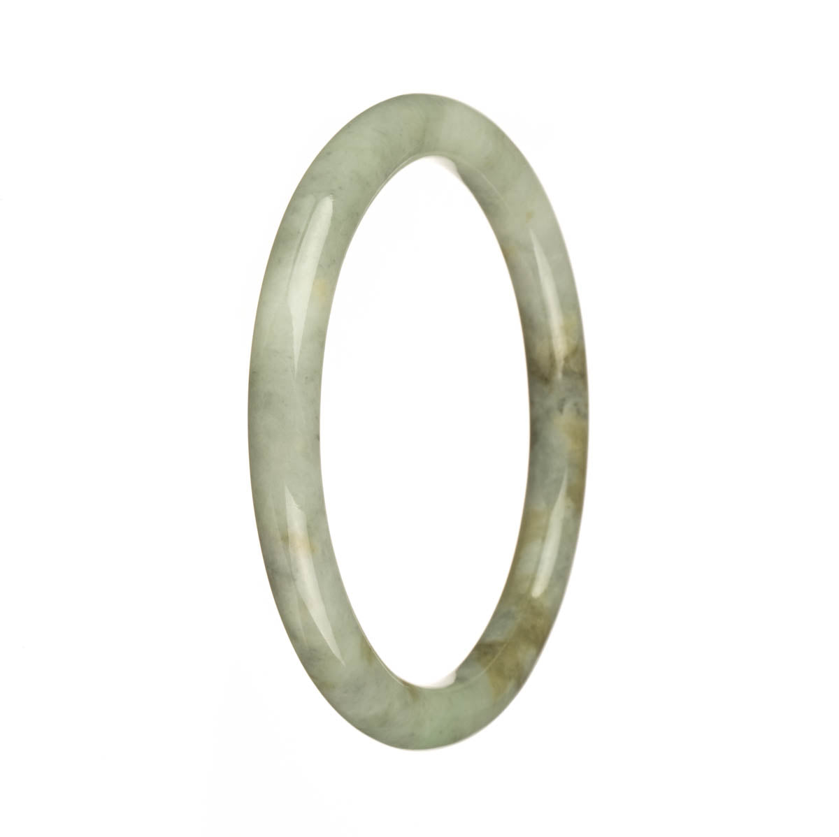 A close-up image of a small, round jadeite bracelet with a vibrant green color and intricate brown patterns.
