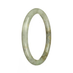 A close-up image of a small, round jadeite bracelet with a vibrant green color and intricate brown patterns.