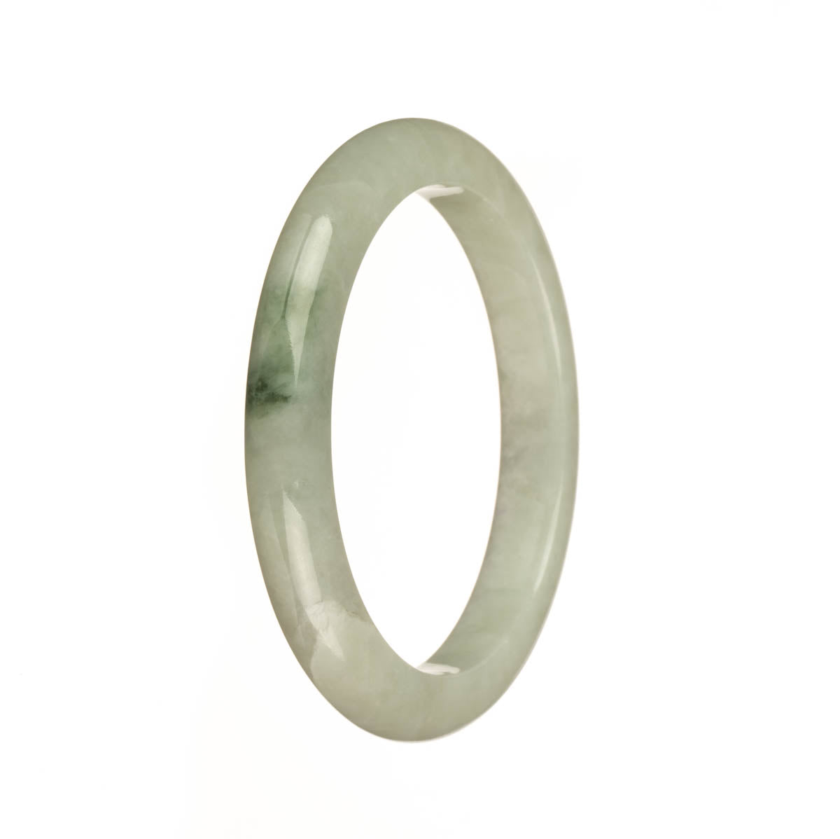 A close-up image of a white and green jade bangle bracelet with a semi-round shape. The bracelet has an authentic Type A designation and features a intricate green pattern on the white surface. The bracelet is 55mm in size and is sold by MAYS™.