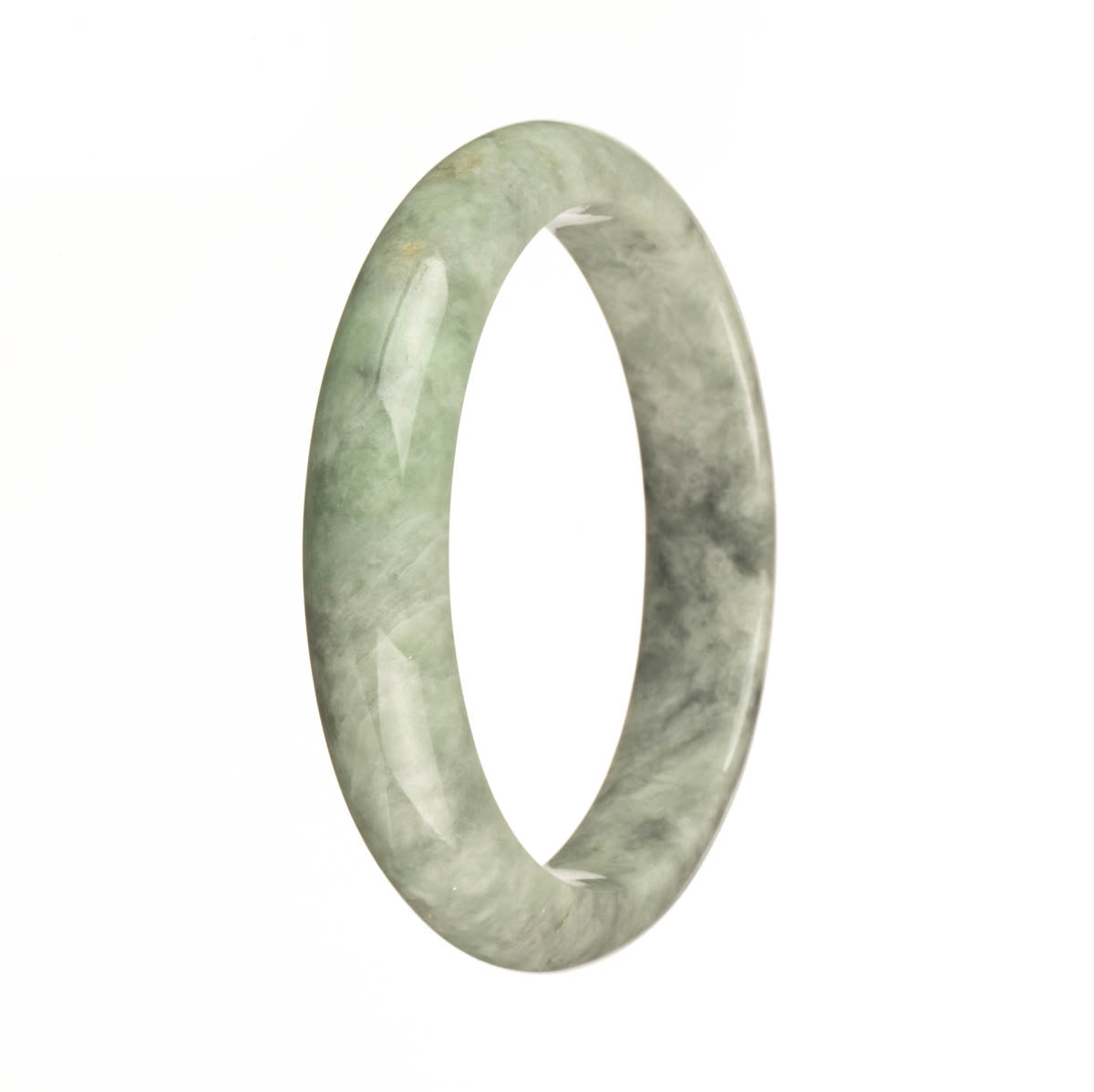 Genuine Natural Green with Grey Patterns Burmese Jade Bangle - 59mm Half Moon