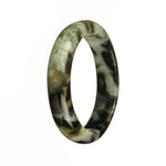 A close-up view of a jade bangle bracelet, showcasing its natural grey color with intricate brown and black patterns. The bracelet is in the shape of a half moon and measures 56mm in diameter. This unique piece is from the MAYS™ collection.