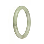Close-up image of a light green traditional jade bangle with a petite round shape, measuring 56mm in diameter. The bangle has a smooth and polished surface, showcasing its genuine Grade A quality. Perfect for adding a touch of elegance to any outfit.