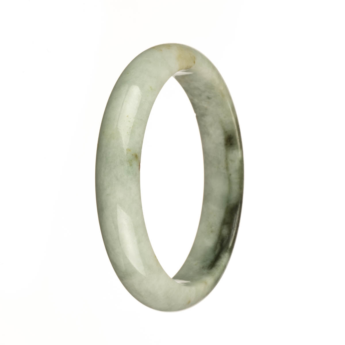 A close-up image of a Grade A grey jade bangle with a dark green pattern, shaped like a half moon. The bangle has been certified and is from the MAYS™ collection.