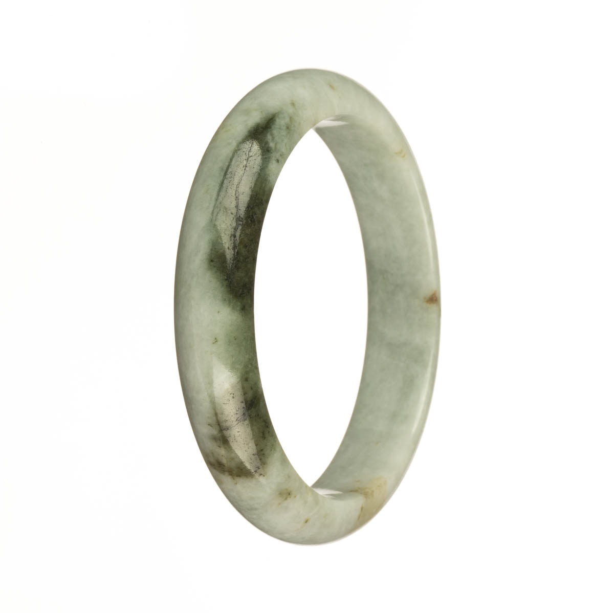 A close-up image of a traditional jade bracelet made from genuine Grade A grey jade. The bracelet has a unique dark green pattern and is shaped like a half moon. It measures 59mm in size. This high-quality piece of jewelry is available from MAYS GEMS.