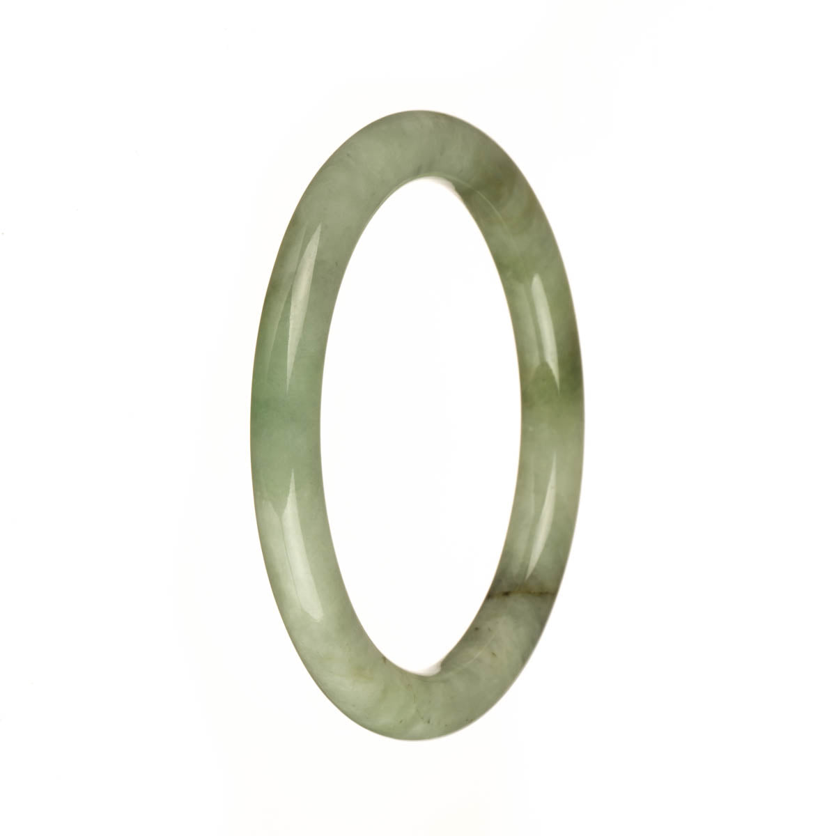 A petite round Burmese jade bracelet with a beautiful mix of pale green, apple green, and brown patches.