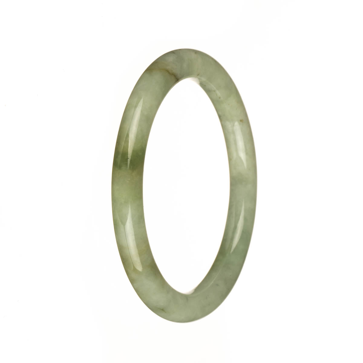 A delicate and elegant jadeite jade bracelet featuring Grade A pale green stones with apple green and brown patches. The bracelet has a petite round shape, measuring 55mm in diameter. Created by MAYS, this bracelet showcases the natural beauty of jadeite jade.