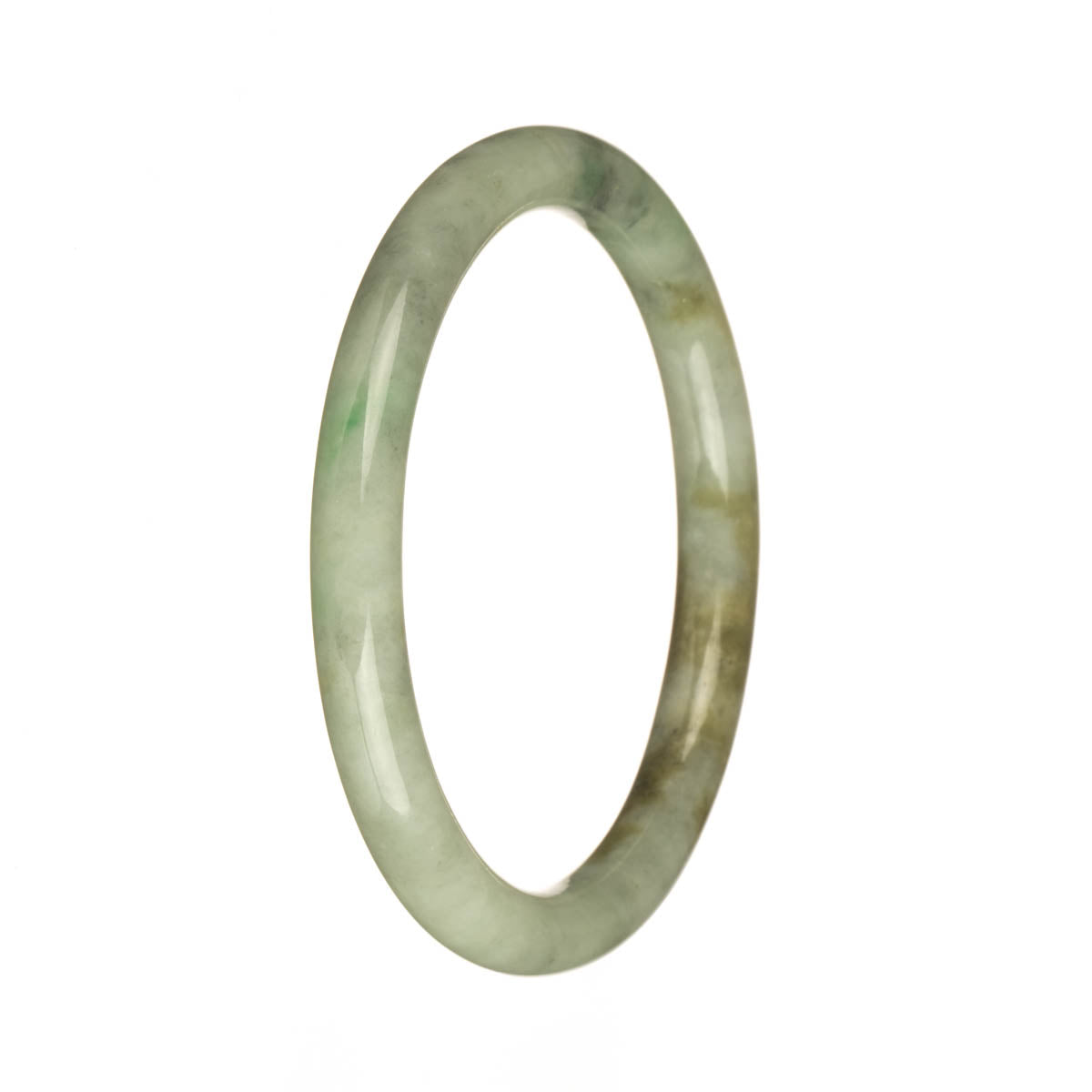 A round jade bangle bracelet with a beautiful combination of grey, apple green, and brown patterns, certified as Grade A. The petite size measures 59mm in diameter. Created by MAYS.