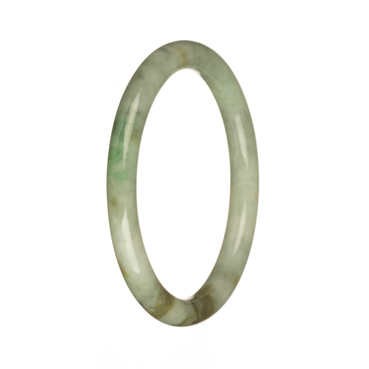 A beautiful, petite round jadeite bangle featuring untreated grey with apple green and brown patterns.