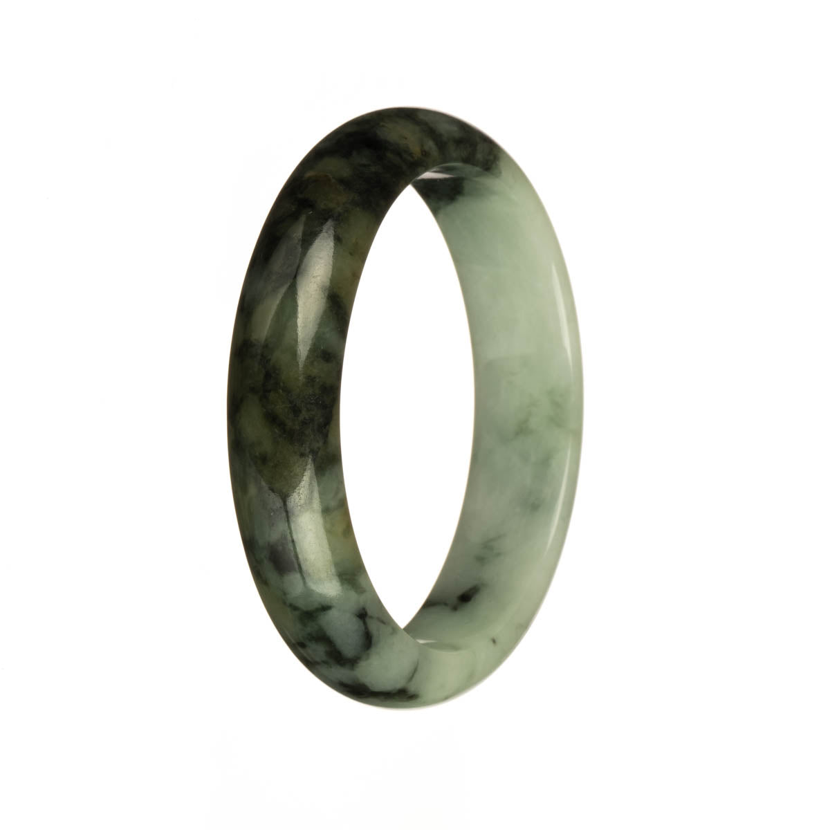 Real Grade A Light Green with Dark Green and Olive Green Patterns Traditional Jade Bangle - 54mm Half Moon