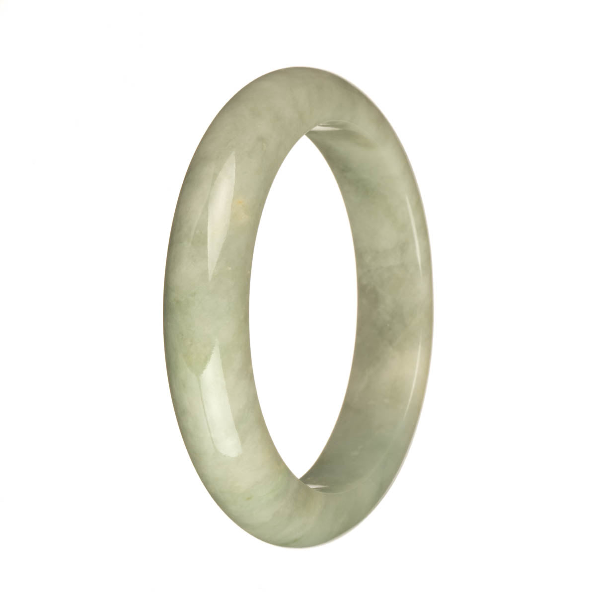 Authentic Type A Light Grey and Pale Green with Deep Green Spot Jadeite Bracelet - 58mm Half Moon