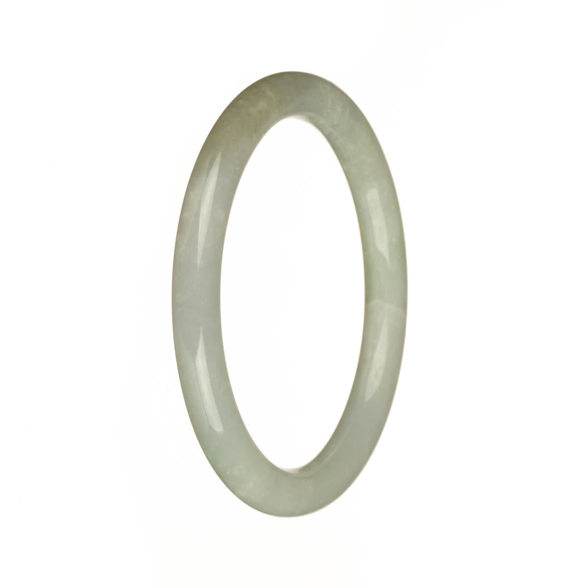 A close-up view of a petite round jadeite jade bracelet, featuring authentic, natural white jade with beautiful green spots. The bracelet is 56mm in size and is sold by MAYS.