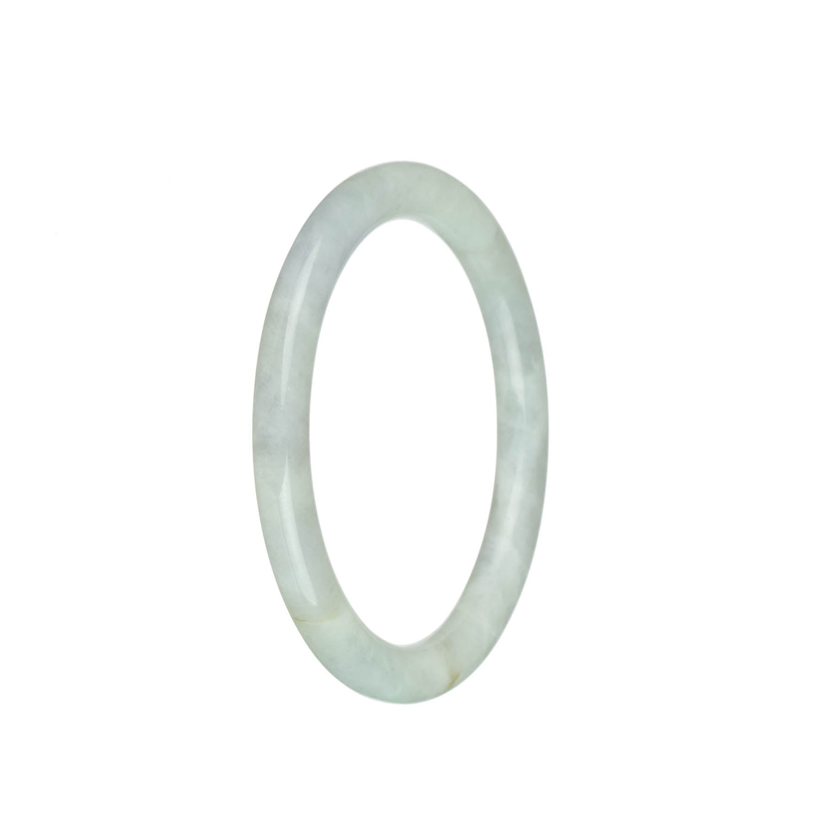 A close-up of a small, round white traditional jade bracelet. The bracelet is made of certified grade A jade and measures 59mm in size. It features a smooth and polished surface, showcasing the natural beauty of the jade stone. The bracelet is offered by MAYS GEMS.