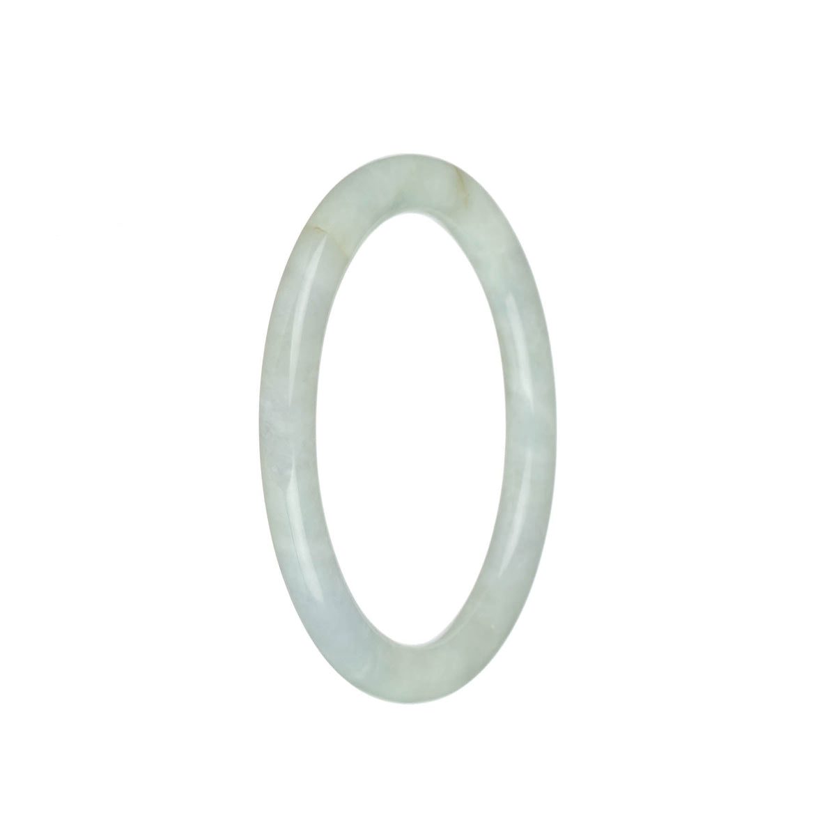 Close-up photo of an authentic Grade A White Burmese Jade Bangle. The bangle is petite and round, measuring 59mm in diameter. The jade is smooth and lustrous, displaying a stunning white color. This elegant piece of jewelry is from the MAYS™ collection.